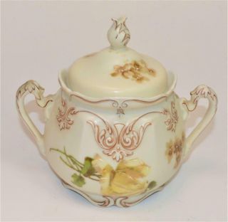 1920s Silesia Porcelain Hand Painted Old Ivory Yellow Roses Sugar Bowl W Lid