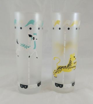 2 Vintage Libby Iced Tea Collins Glasses Frosted Carousel Circus Animal