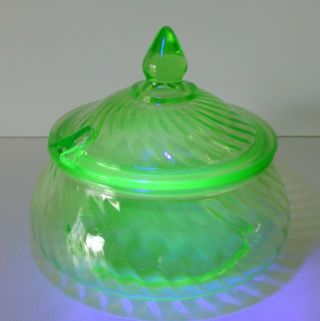 Vintage Vaseline Green Uranium Glass Sugar Bowl Dish W/ Lid Black Light Glow
