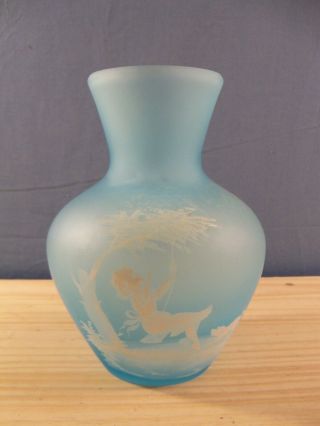 Westmoreland Blue Hand Painted Satin Glass Vase Mary Gregory Girl On Swing W Dog