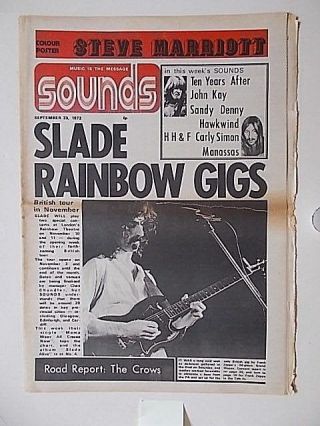 Sounds Sept.  23rd 1972 Steve Marriot (poster),  Slade,  Hawkwind,  Sandy Denny