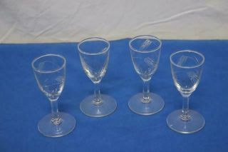 Set Of 4 Vintage Sherry Cordial Etched Frosted Glasses W Wheat Type Design