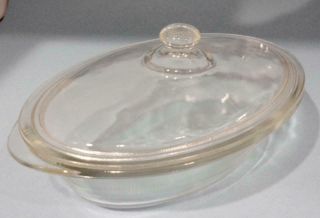 Vtg.  Glasbake Clear Glass Oval Bowl,  Lid 1 Qrt Refrigerator - Oven J235 U.  S.  A.