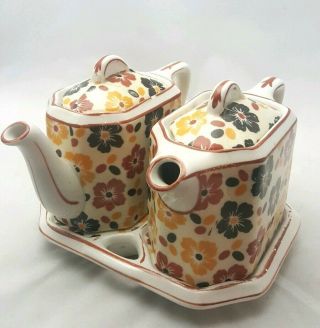 Rare Vintage Hall China Jewel Tea Flower Leaf Tea Pot Set Of Two Teapot W/ Plate