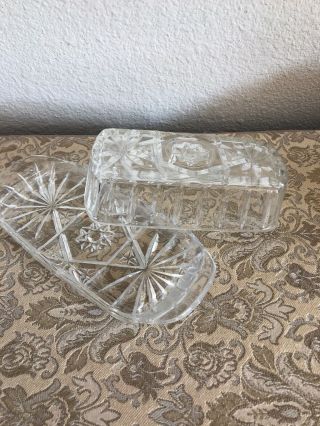 Vintage Cut Glass Covered Butter Dish 8” X 3”