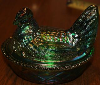 Blueish Green Carnival Glass Hen On Nest By Westmoreland