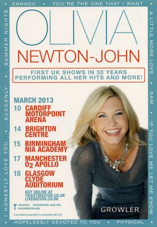Olivia Newton John 2013 Tour Flyer - Concert Live - Music Uk Gig Promo