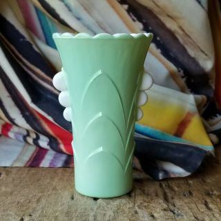 Vtg Scarce Fire King Art Deco Jadeite Green Vase White Milk Glass Chevrons 1940s