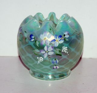 Fenton Iridized Green Opalescent Diamond Optic Rose Bowl Vase 95th Anniversary