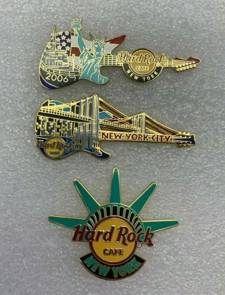 Set Of 3 Hard Rock Cafe Pins.  Statue Of Liberty,  York,  Brooklyn Bridge