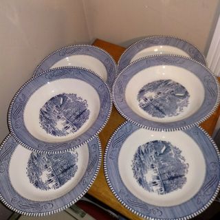 6 Currier And Ives Soup Bowls By Royal China Ice Skating Scene