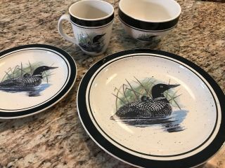 Folk Craft Scotty Z Loon Lake 4 Piece (1) Place Setting Oven To Table Plate Bowl
