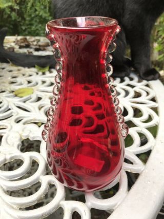Whitefriars Ruby Red Glass Vase With Optic Ribbing And Clear Flanges