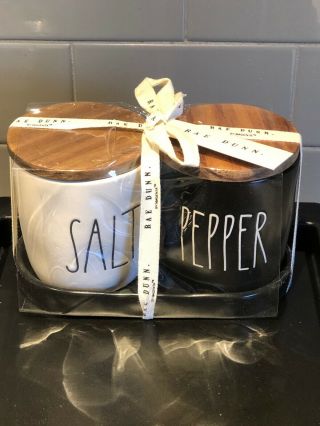 Rae Dunn Ll Salt Pepper Cellars Set Ivory Black Wood Lids Tray