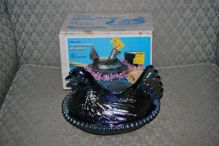Vintage Carnival Glass Hen On Nest No.  2891 By Indiana Glass Co.  Iridescent Blue