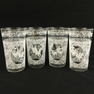 Set Of 4 Vtg Drinking Glasses 5 " By Libbey White Horse And Buggy Floral Foliage