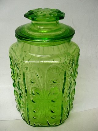 Vintage Rare L E Smith Glass Apothecary Jar & Lid Green Atterbury Scroll 9 "