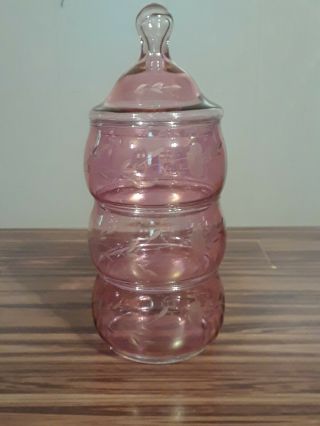 Princess House Heritage Cranberry Pink 3 Tier Stackable Candy Dish With Lid