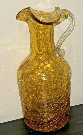 Vintage Blenko Hand Blown Amber Crackle Glass 5 " Mini Pitcher
