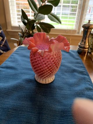 Fenton Small Glass Vase Pink And White Hobnail Ruffled