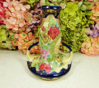 Stunning Antique Nippon Vase Hand Painted Roses Cobalt Blue Gold Moriage
