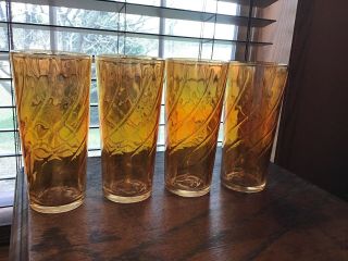 4 Vintage Jeanette Inverted Swirl Marigold Carnical Glass Tumblers Glasses