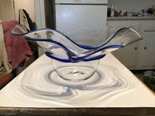 Large Blenko Clear Glass Mid Century Hat Bowl With 3d Cobalt Blue Swirl Design