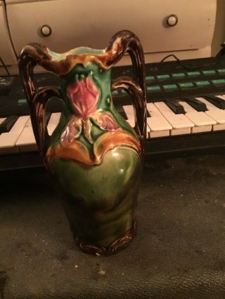 Antique Art Nouveau Majolica Continental Iris Flower Handled Vase