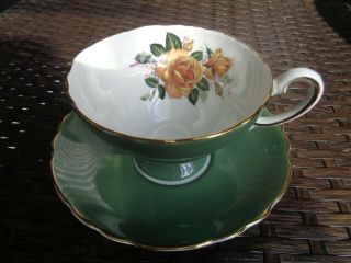 Crown Staffordshire Vintage Bone China Olive Green Tea Cup & Saucer Yellow Rose