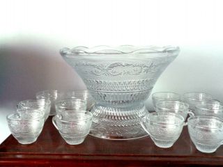 Vintage Depression Punch Bowl Set With 12 Cups & Stand