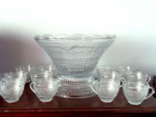 VINTAGE DEPRESSION PUNCH BOWL SET WITH 12 CUPS & STAND 2