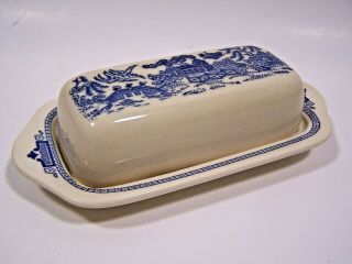 Vintage Blue Willow Butter Dish 2 Piece Ceramic With Oriental Style Artwork