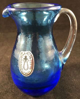 Vintage Pilgrim Hand Blown Art Glass Blue Vase Small Pitcher Creamer
