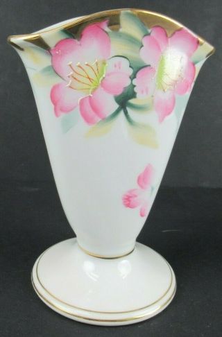 Noritake Azalea Hand Painted China Fan Vase Red Back Stamp 19322 Approx 5 3/4 " T