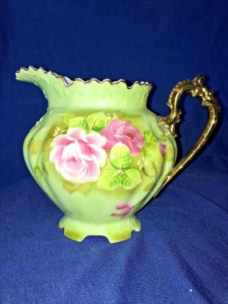 Vintage Lefton China Floral Pattern Pitcher With Gold Trim & A Scalloped Handle