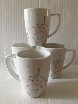 Set Of 4 Corelle Coordinates Splendor Coffee Mug Cup 12 Oz White Red Gray Swirl