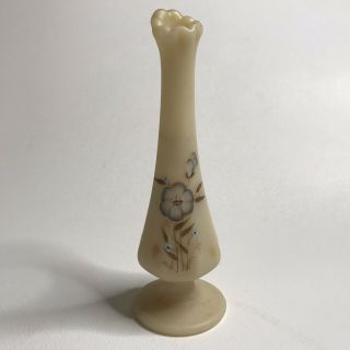 Vintage Fenton Custard Satin Glass Bud Vase Hand Painted Floral Signed D.  Hill