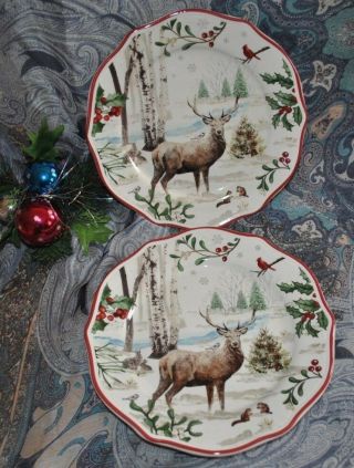 Better Homes & Gardens Heritage Christmas S/2 Salad Plate Stag Buck Deer Ltd