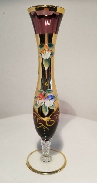 Vintage Bohemian Czech Bud Vase Hand Painted Amethyst And Gold Glass