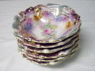 Vintage Made In Germany Berry Bowls Floral Roses Ruffled Gold Trim - Set Of 6