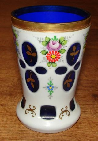 Vintage Moser Bohemian Czech Cased Cut Cobalt Blue W/ Enamel Gold Vase Glass