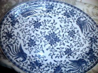 Antique Japanese Phoenix Blue & White Oval Serving Platter 14 " Large Noritake