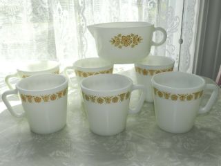 Vtg Mcm Gold Butterfly Pyrex 1410 Milk Glass Coffee Mugs Gravy Boat 7pc Corelle
