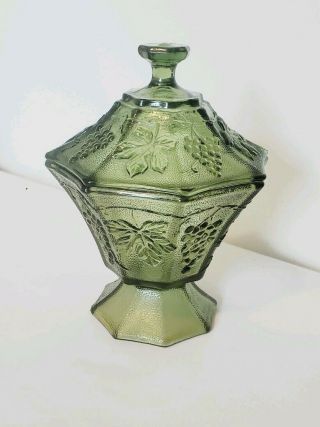 Green Depression Glass Footed Candy Dish With Lid Grape Leaves