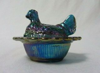 Vintage Mosser Glass Hen On Nest Blue Carnival Salt Dip Cellar