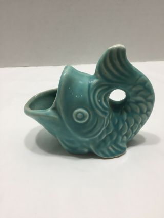 Vtg 60s American Pottery Vase Pitcher Fish Turquoise Glaze 4” Usa
