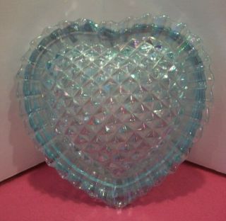 Vtg 5 X 5 Heart Shaped Trinket Jewelry Box Powder Blue Iridescent Carnival Glass