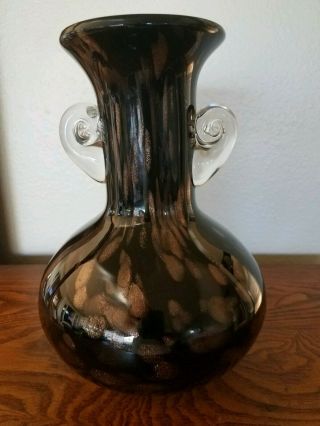 Large Blown Glass Vase.  Black And Gold Applied Handles