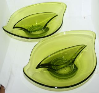 Two Vtg Retro Emerald Green Depression Glass Divided Candy Nut Dish Handmade Art