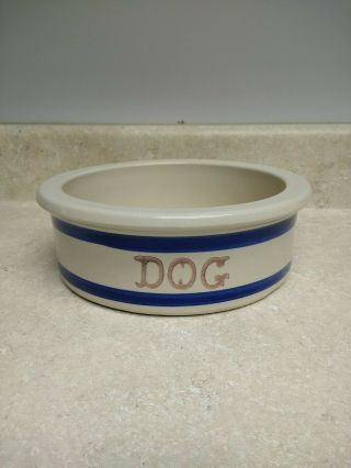 Vintage R.  R.  P.  Pottery 7 " Dog Dish Stoneware Bowl Roseville Oh Blue Stripes